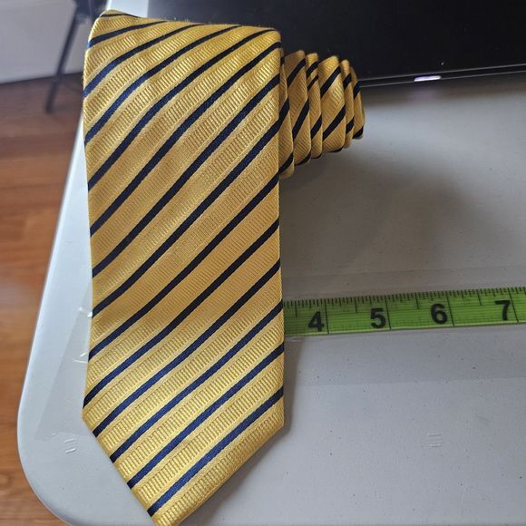 YVES‎ SAINT LAURENT Gold Blue STRIPED 100% SILK Neck Tie Professional Casual - Picture 2 of 8